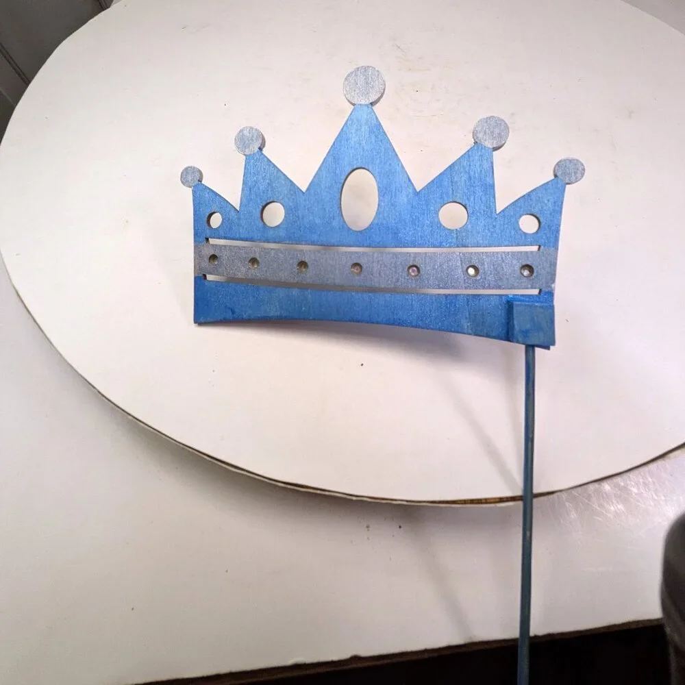 Blue Wood Rhinestone Crown Cake Topper & Glitter Striped Gift Box w Satin Bow